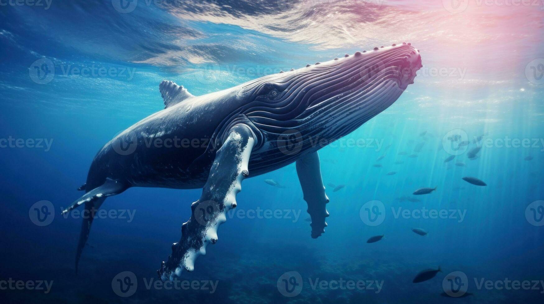 AI generated Majestic whale glides through deep blue waters accompanied by a school of fish. Suitable for educational content, ocean-themed artwork or documentaries photo