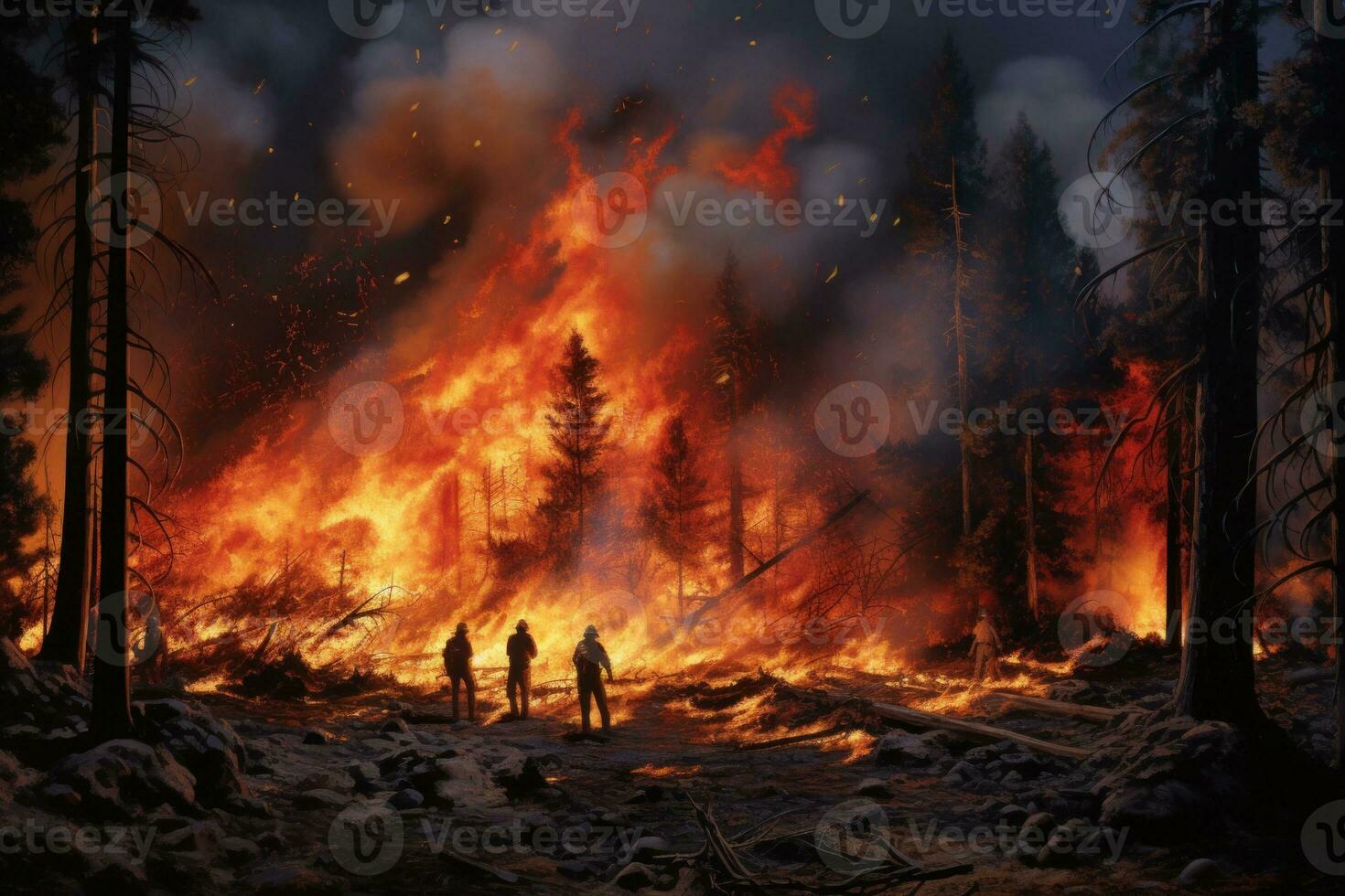 AI generated Firefighters Battling Forest Fire, surrounded by flames and smoke. Ideal for emergency services and disaster response visuals photo