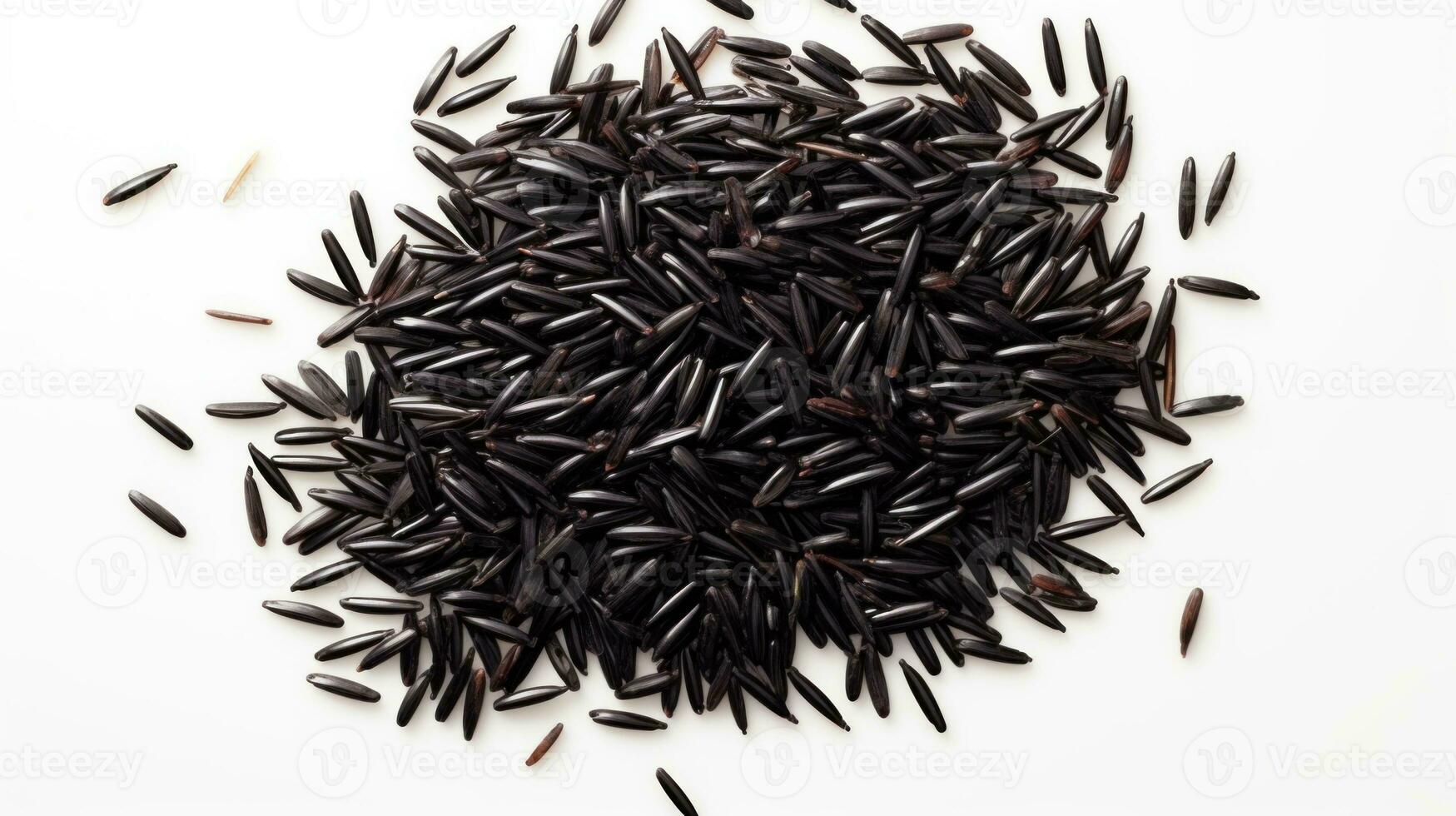 AI generated Heap of black rice grains on white background, top view. Black rice texture. Ideal for food and nutrition related content. Ideal for use in culinary and health-related designs photo