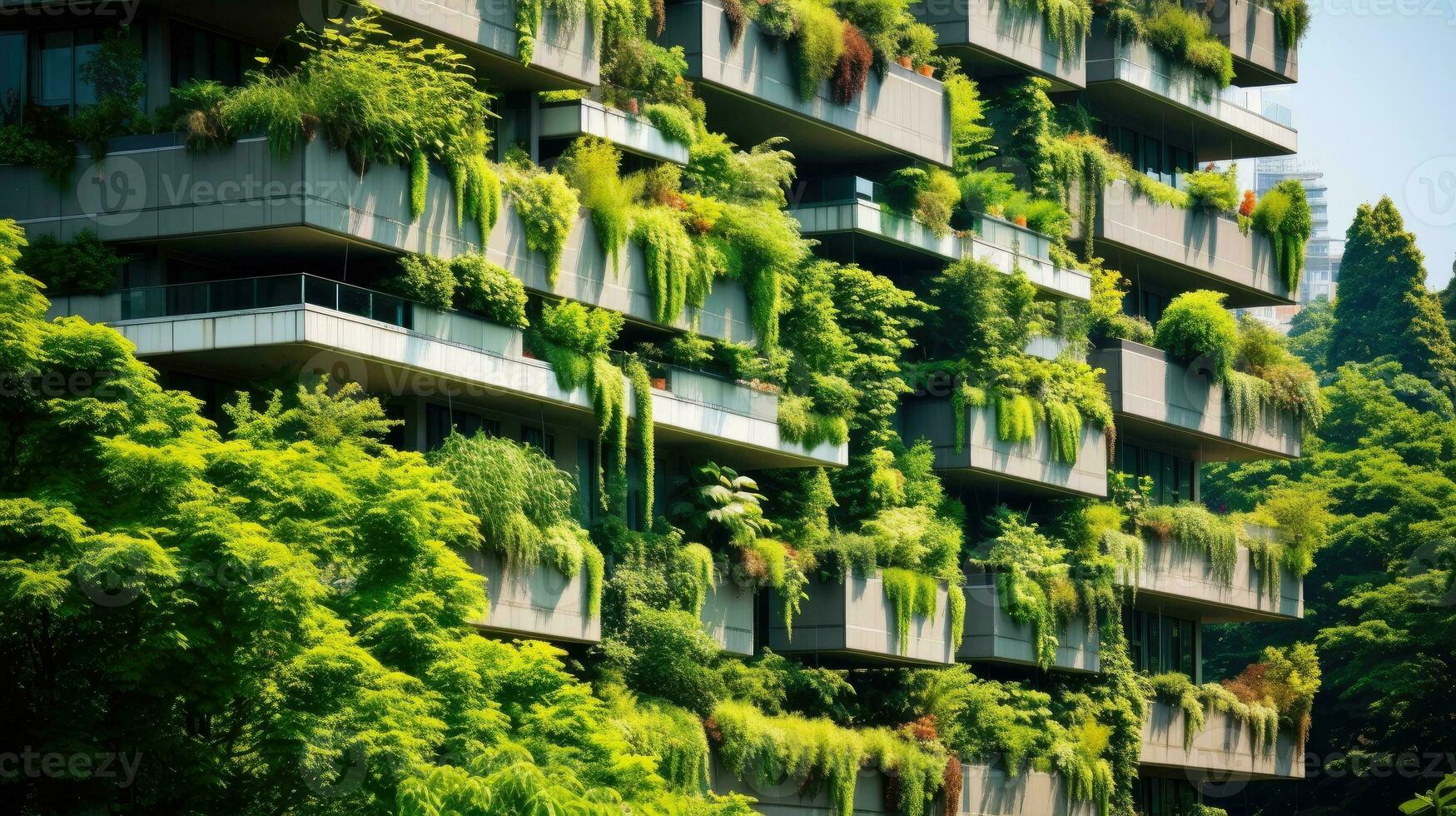 AI generated Eco Architecture. A building facade covered with vibrant green plants in the heart of the city. Perfect for showcasing innovative and eco-friendly designs photo