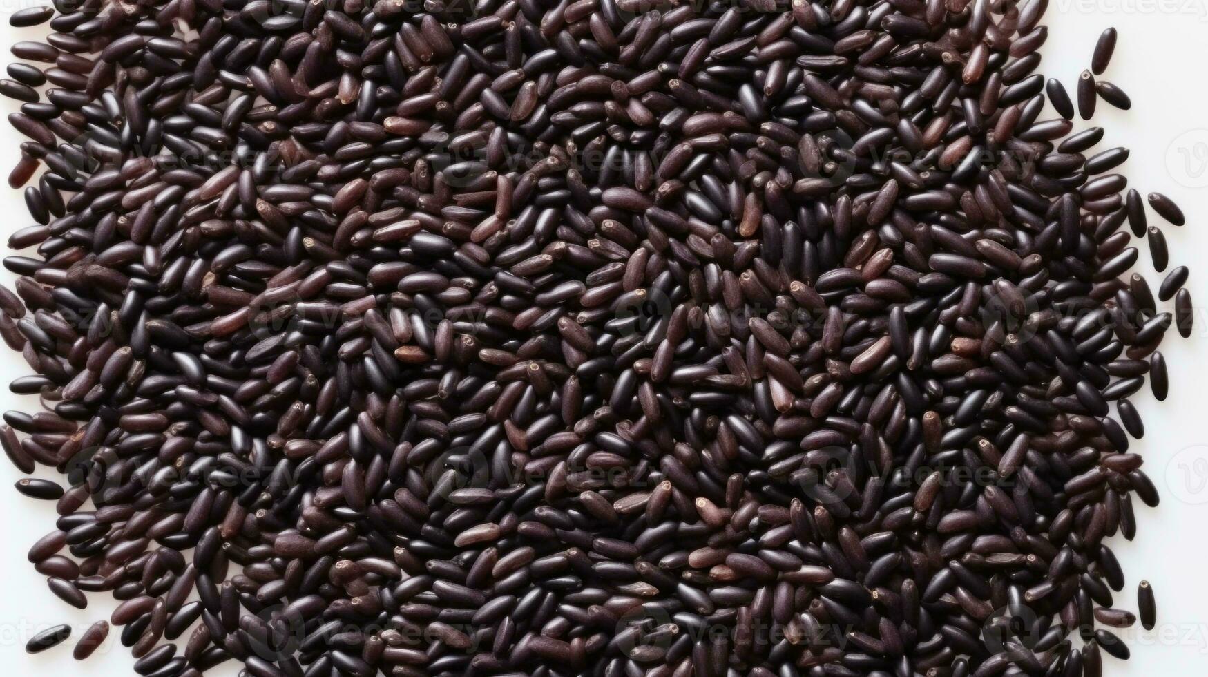 AI generated Close up of black rice grains scattered on white background, top view. Wild rice texture. Suitable for food and nutrition related content. Ideal for use in culinary and health-related photo