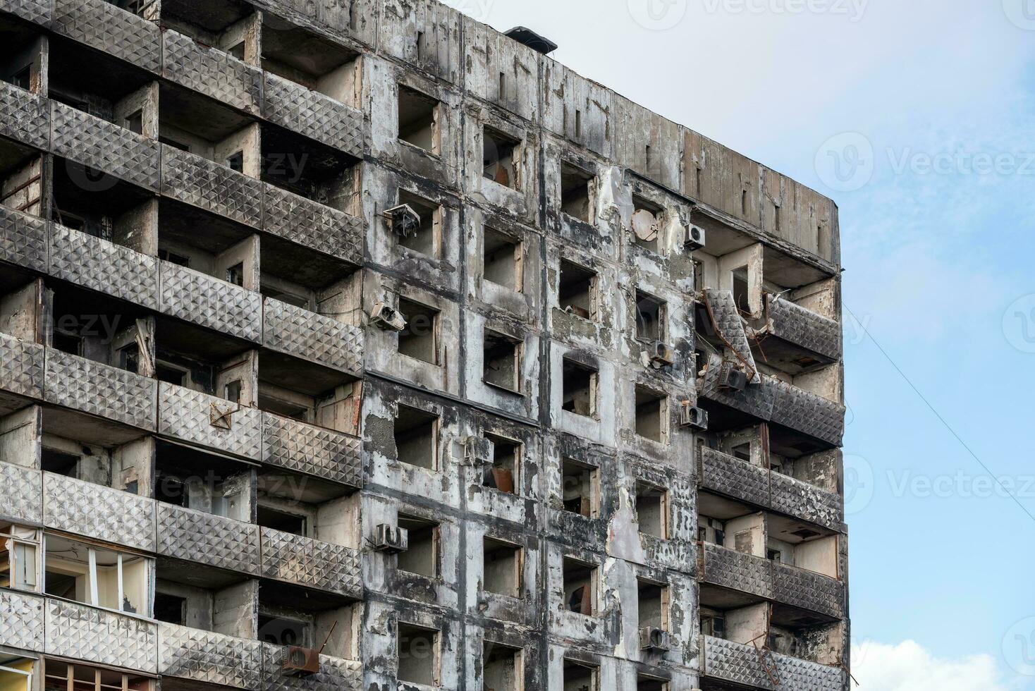 destroyed and burned houses in the city Russia Ukraine war photo