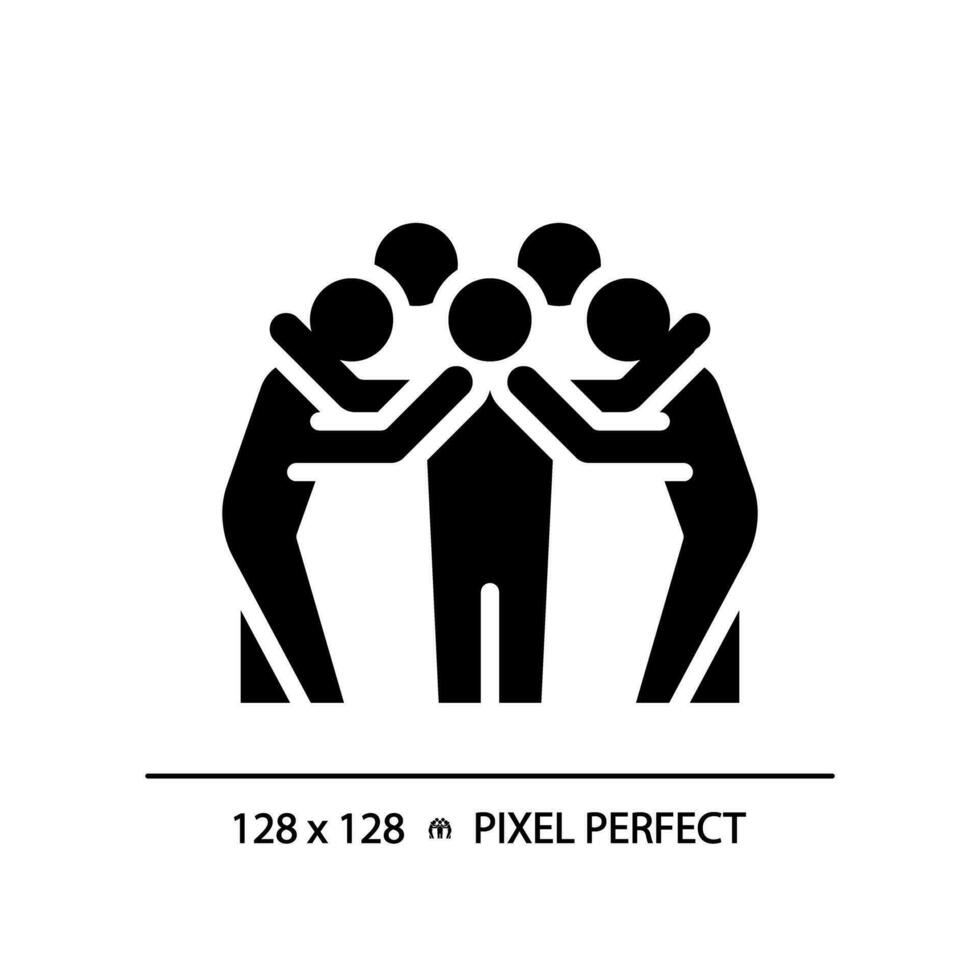Team huddle black glyph icon. Unity in sports. American football. Motivation for players. Strategy discussion. Silhouette symbol on white space. Solid pictogram. Vector isolated illustration