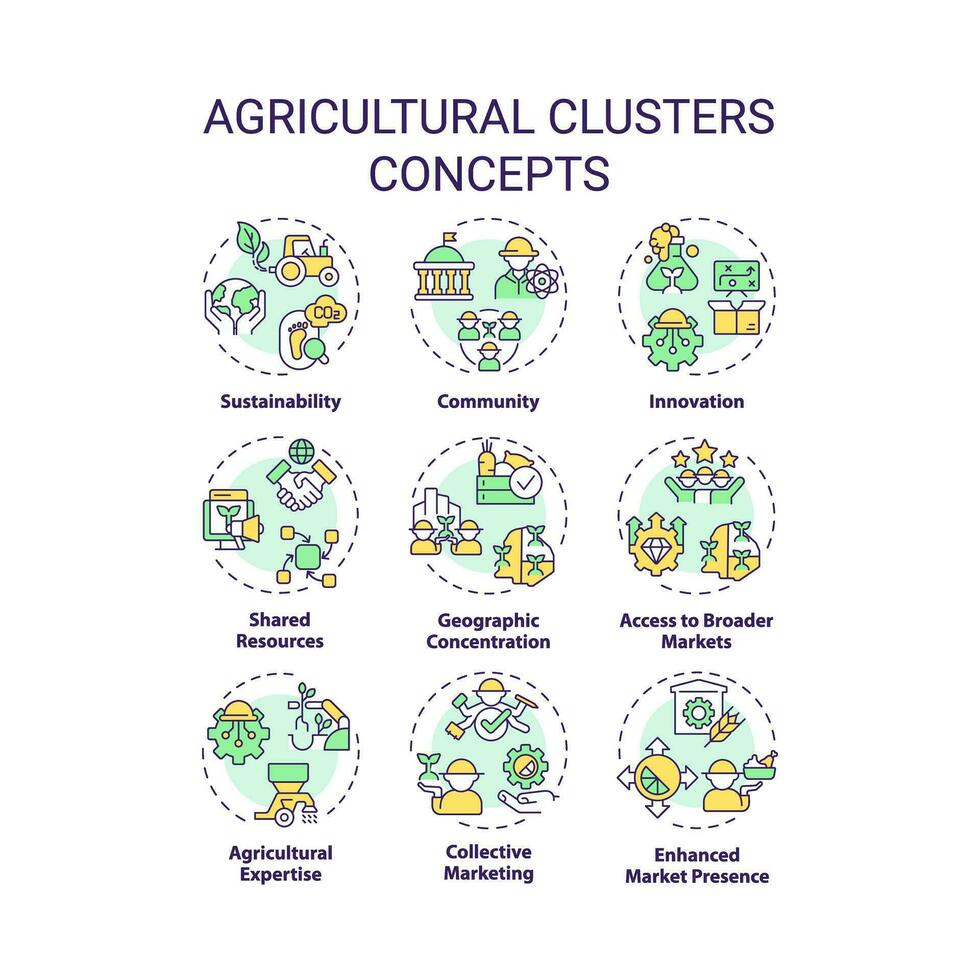 Collection of 2D editable colorful thin line icons representing agricultural clusters, isolated simple vector, linear illustration. vector