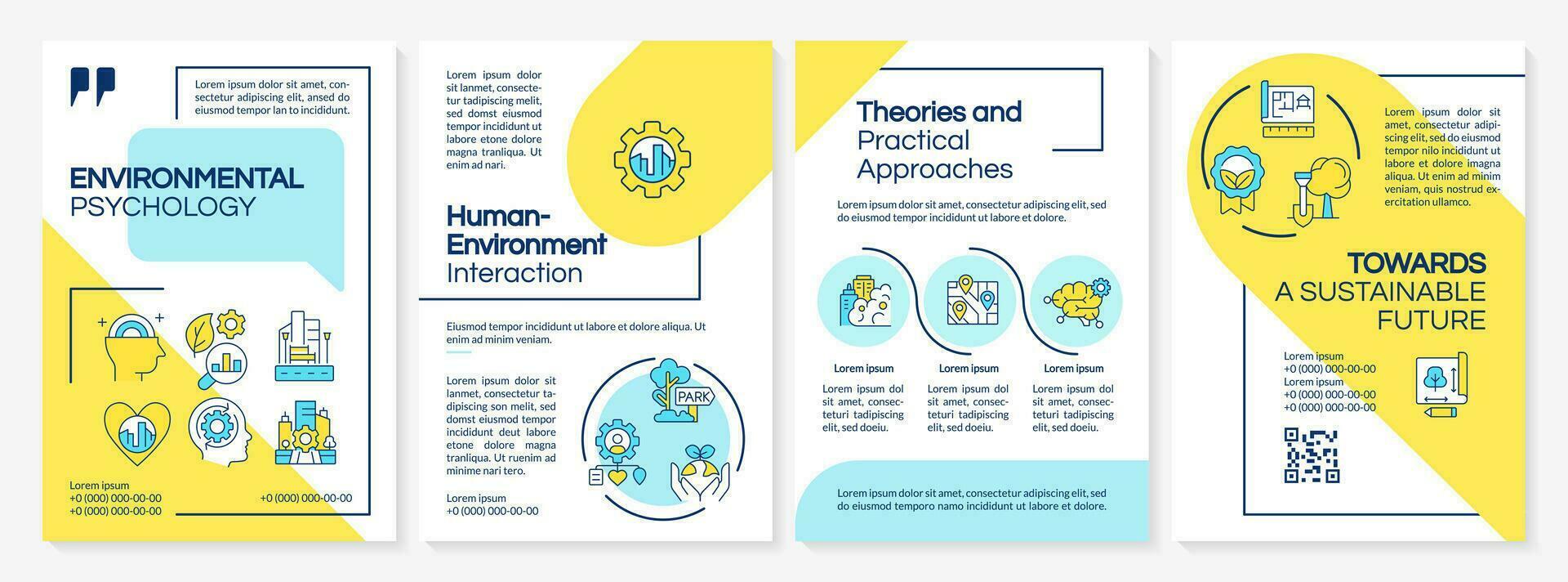 Creative multicolor environmental psychology brochure template, leaflet design with thin linear icons, 4 vector layouts.