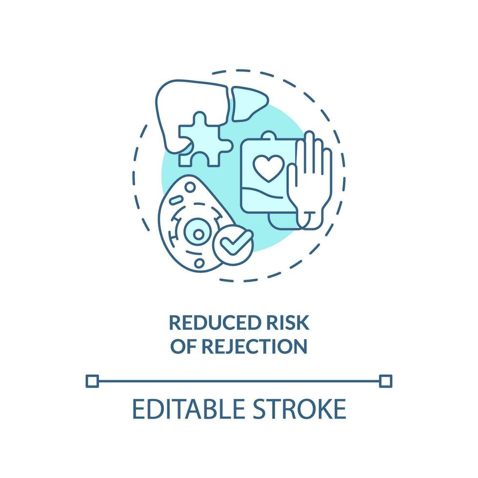 2D editable blue reduced risk of rejection icon, monochromatic isolated vector, thin line illustration representing cell therapy. vector