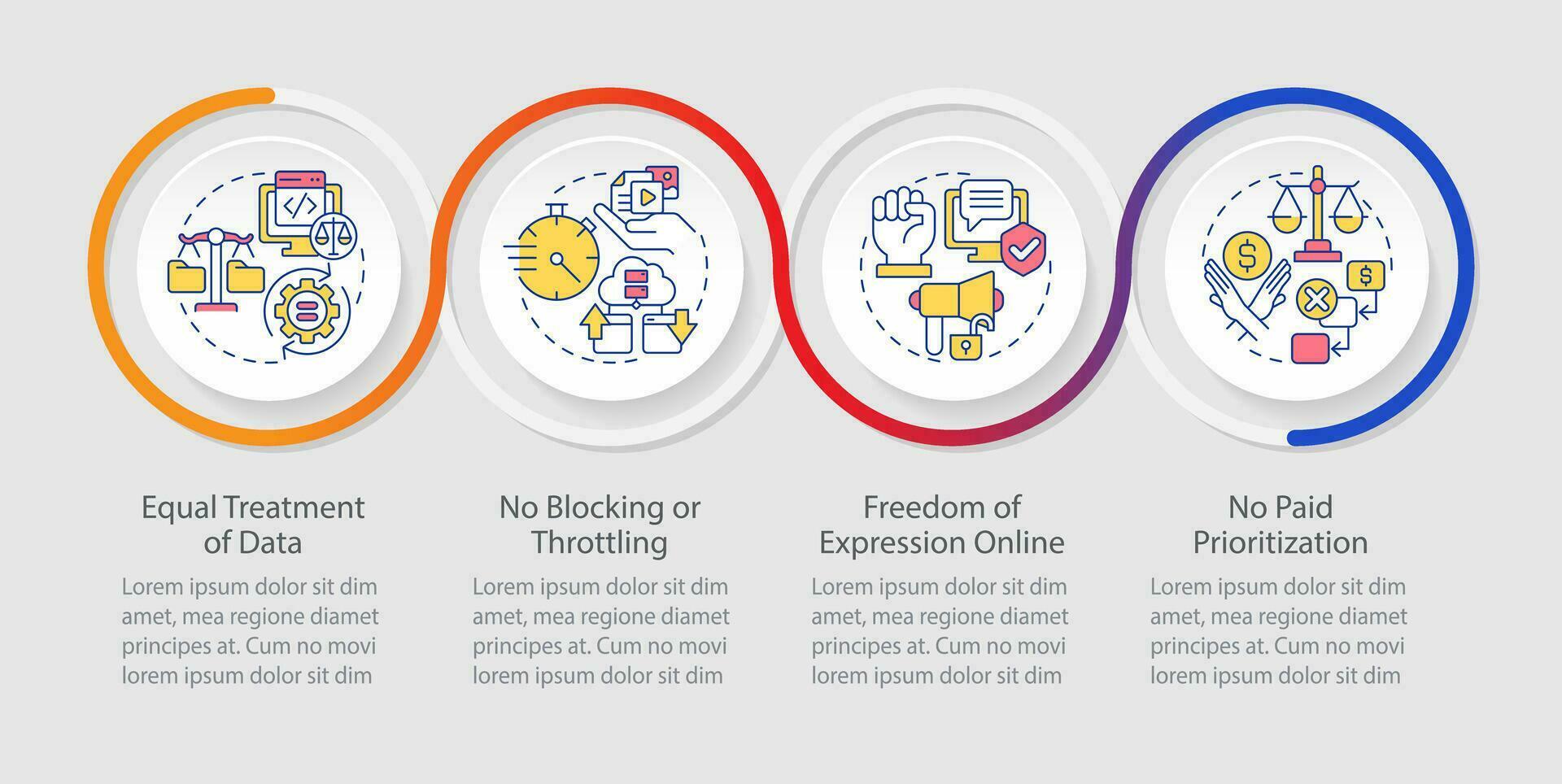 2D cyber law vector infographics template with linear icons concept, data visualization with 4 steps, process timeline chart.