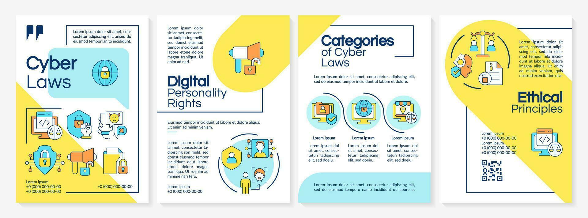 Multicolor cyber law brochure template, leaflet design with thin linear icons, 4 vector layouts.