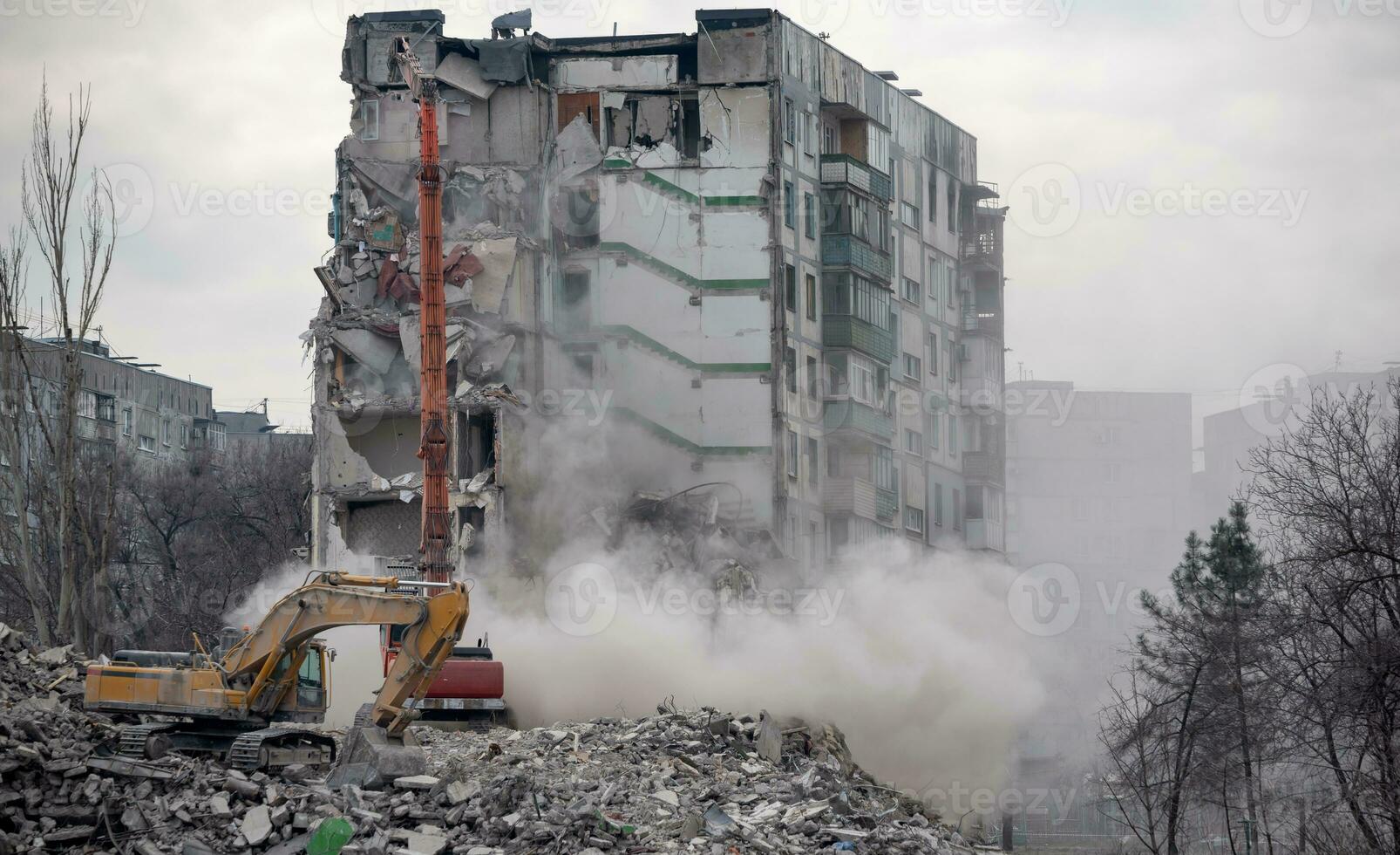 construction equipment destroys affected houses war in Ukraine photo