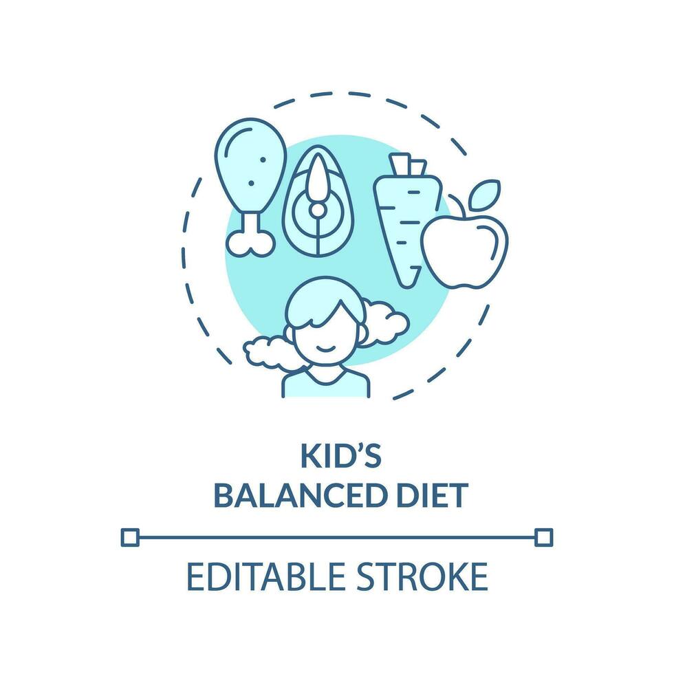 2D editable thin line icon kids balanced diet concept, isolated monochromatic vector, blue illustration representing parenting children with health issues. vector