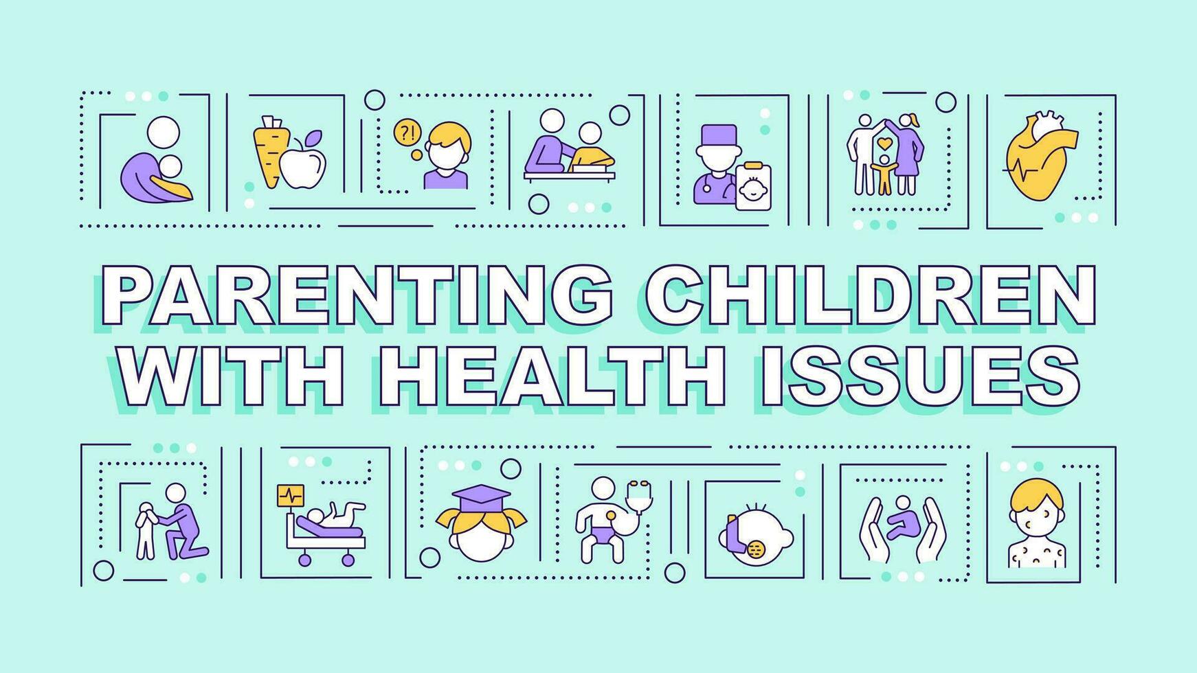 Parenting children with health issues text various thin line icons concept on monochromatic background, editable 2D vector illustration.