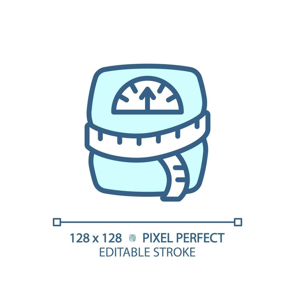 2D pixel perfect editable blue weight scale with tape measure icon, isolated monochromatic vector, thin line illustration representing metabolic health. vector