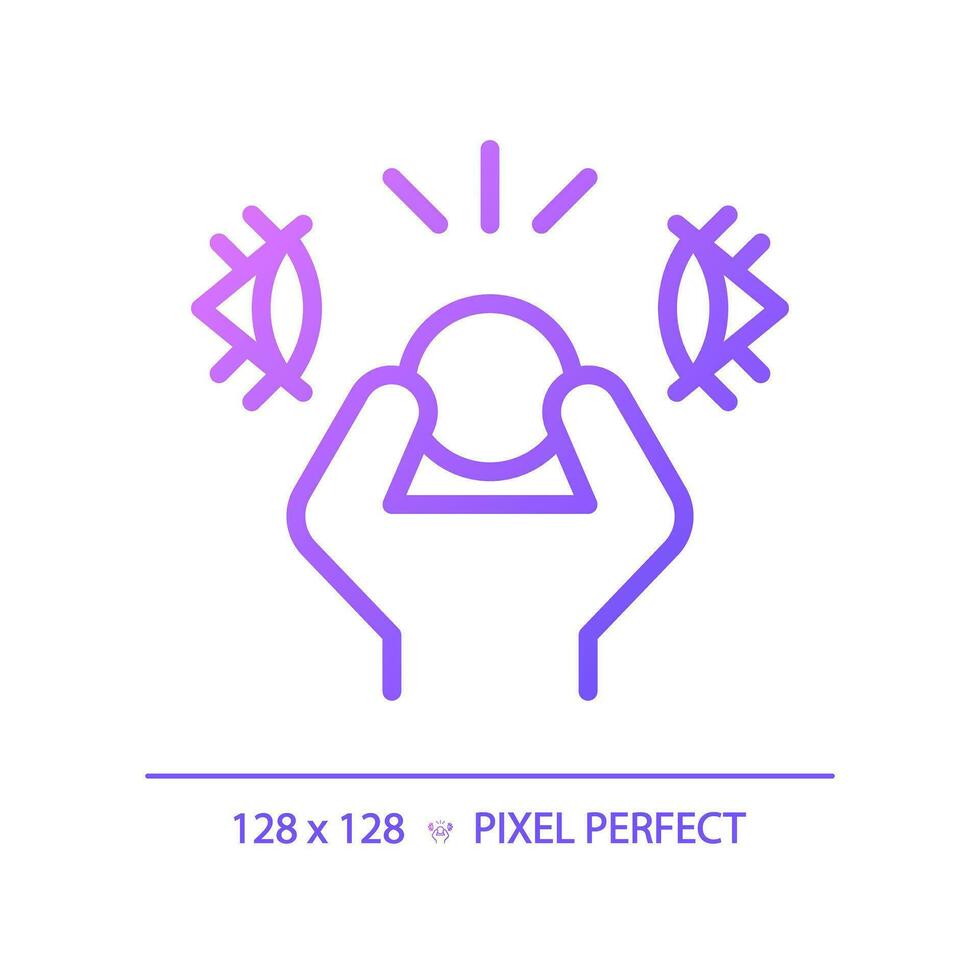2d píxel Perfecto degradado paranoia icono, aislado vector, Delgado línea púrpura ilustración representando psicología. vector