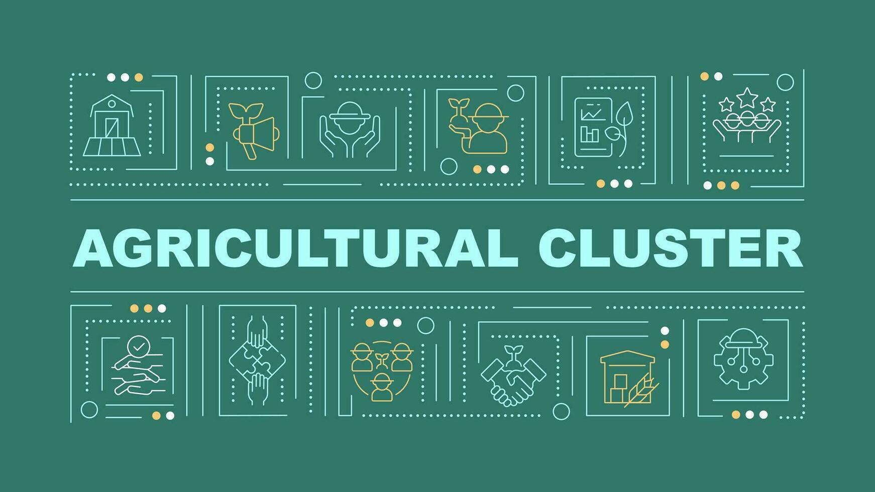 2D agricultural clusters text with various creative thin linear icons concept on dark green monochromatic background, editable vector illustration.