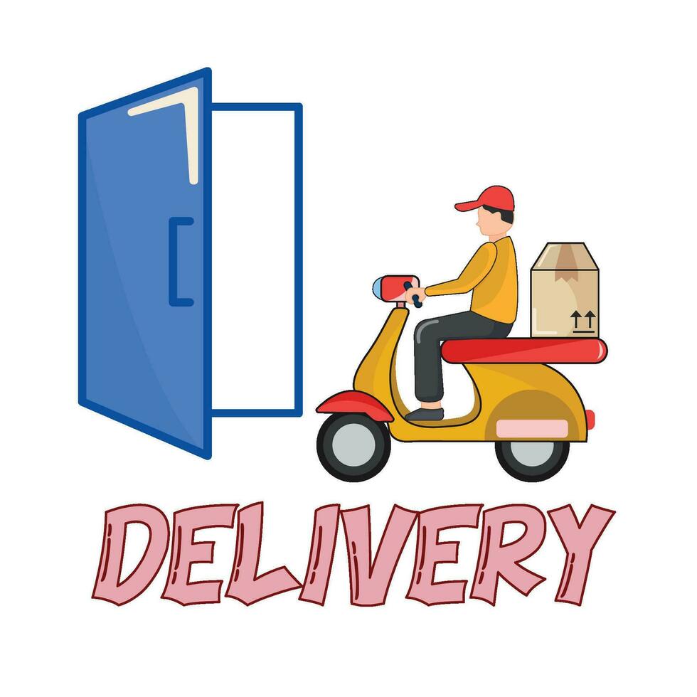 courier in motorbike with box delivery  in home customer illustration vector