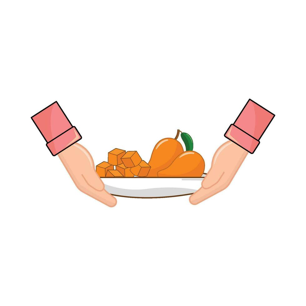 mango in plate with in hand illustration vector