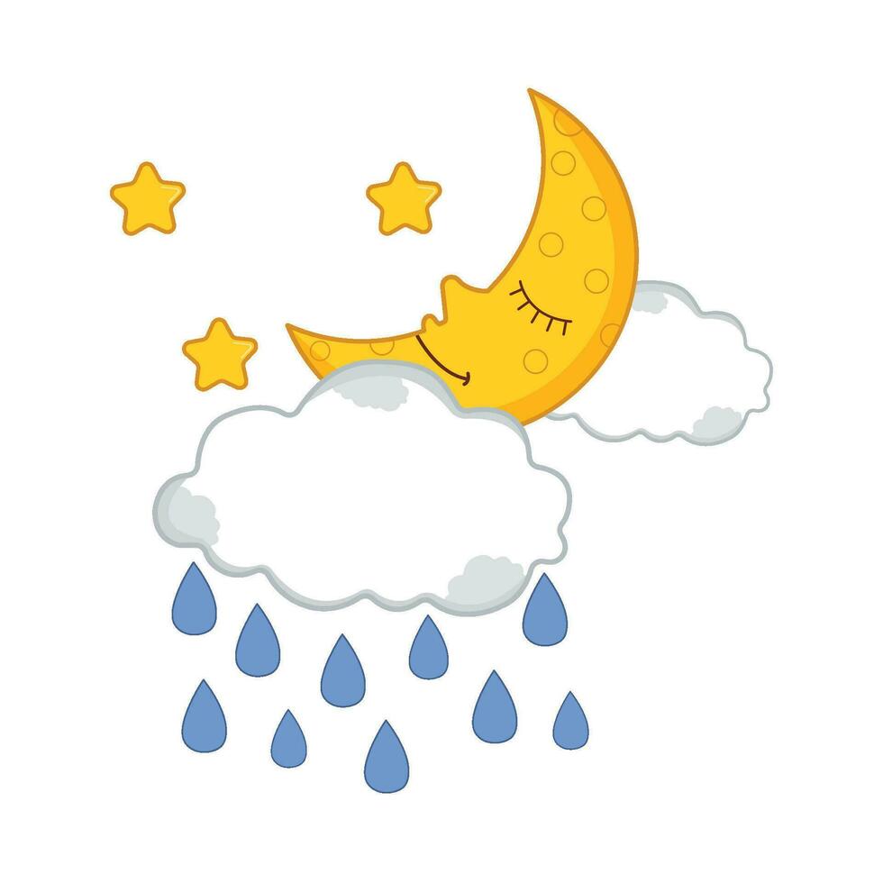 cloud rain with moon character illustration vector