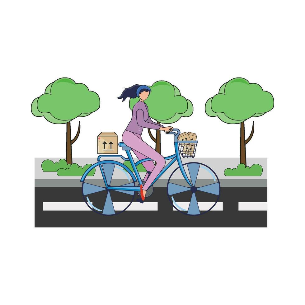 delivery in bicycle with in garden road illustration vector