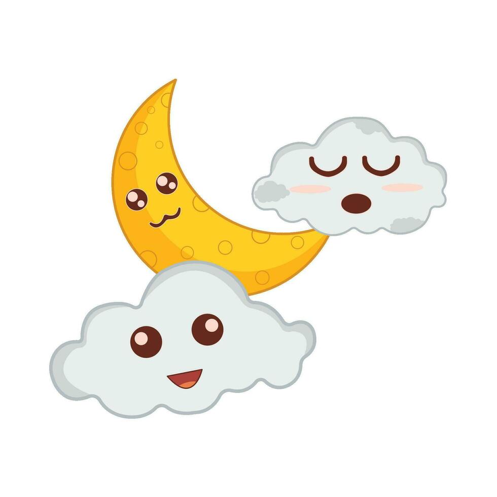 cloud with moon character illustration vector