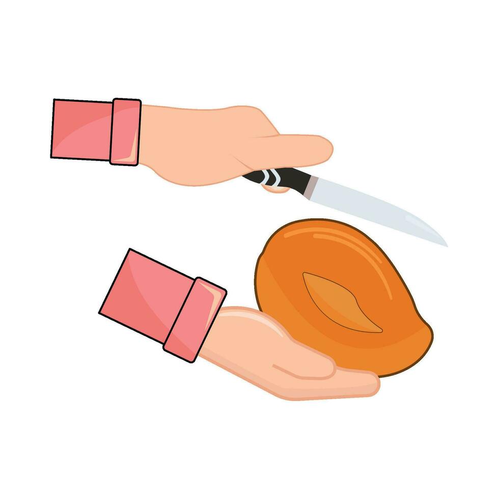 knife in hand splitting the mango illustration vector