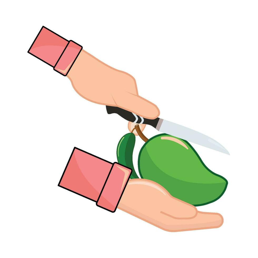 mango slice with knife in hand illustration vector
