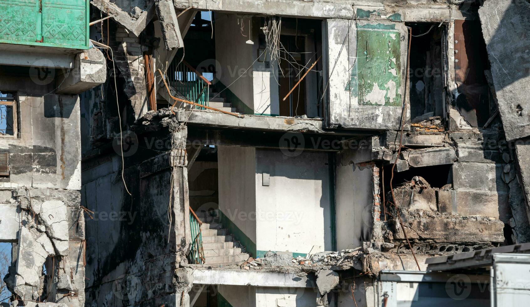 destroyed and burned houses in the city Russia Ukraine war photo