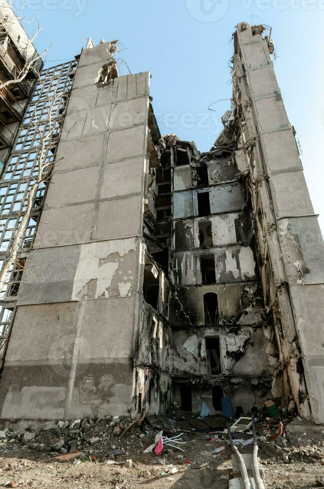 destroyed and burned houses in the city Russia Ukraine war photo