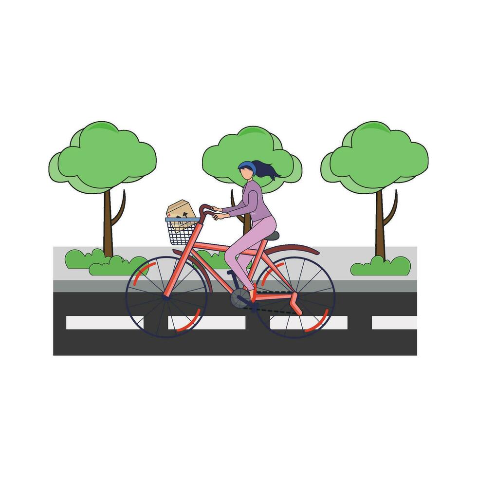 delivery in bicycle with in garden road illustration vector