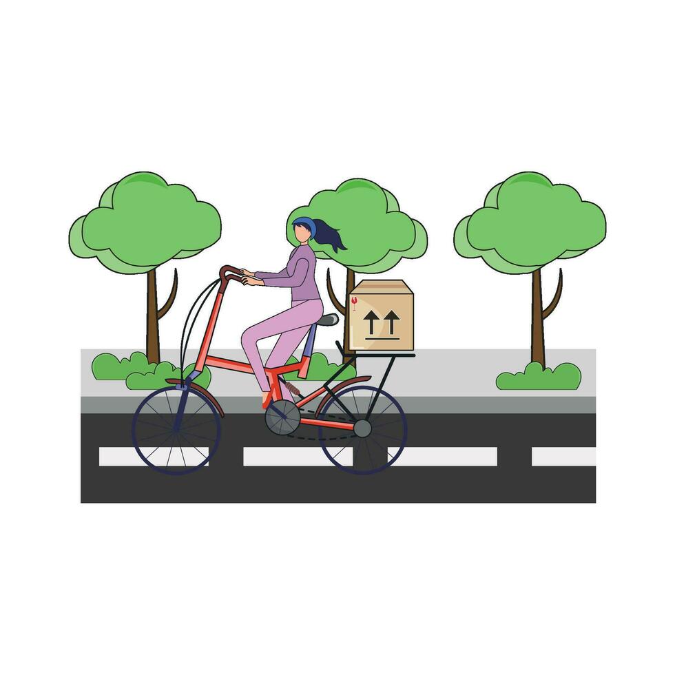 delivery in bicycle with in garden road illustration vector