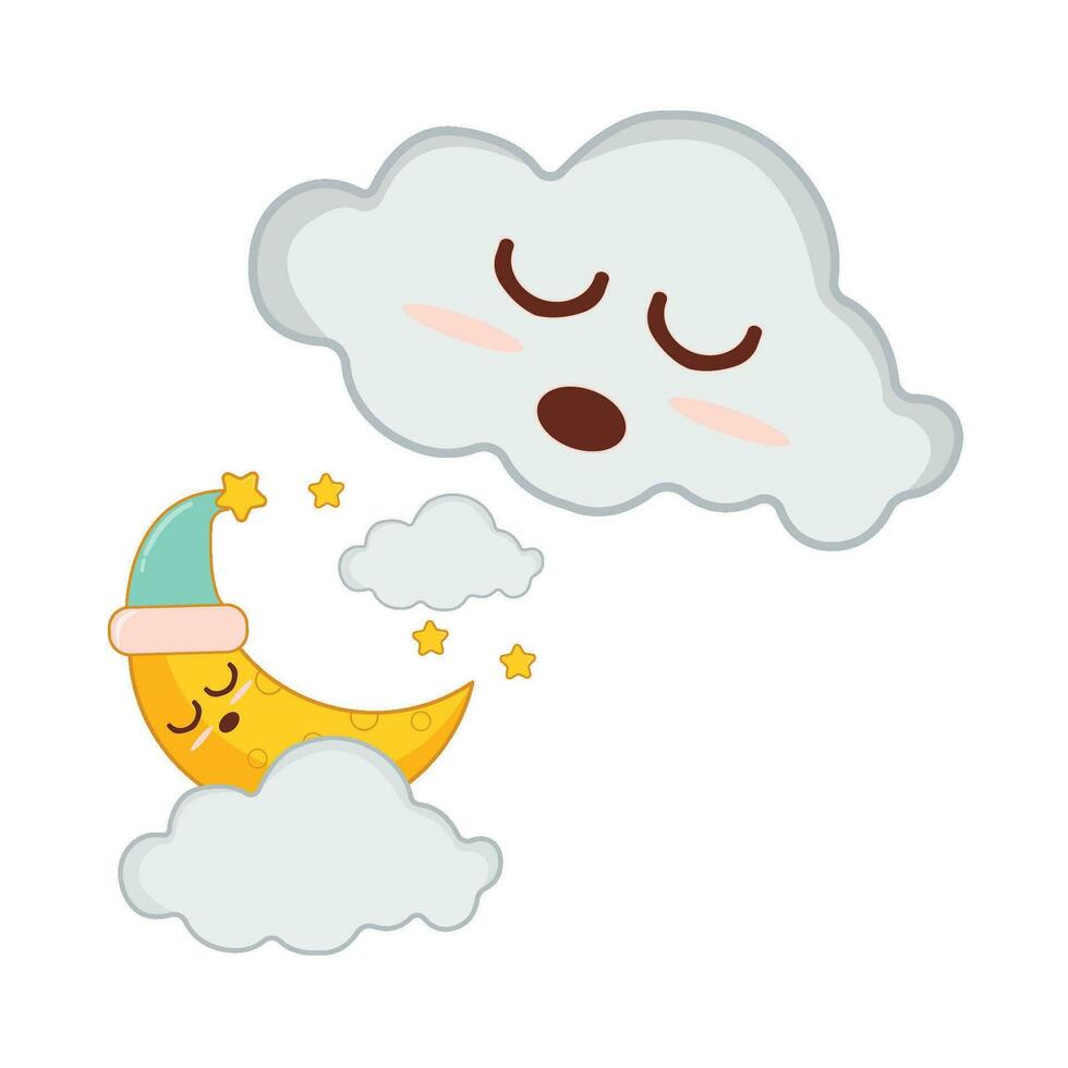 cloud with moon character illustration vector