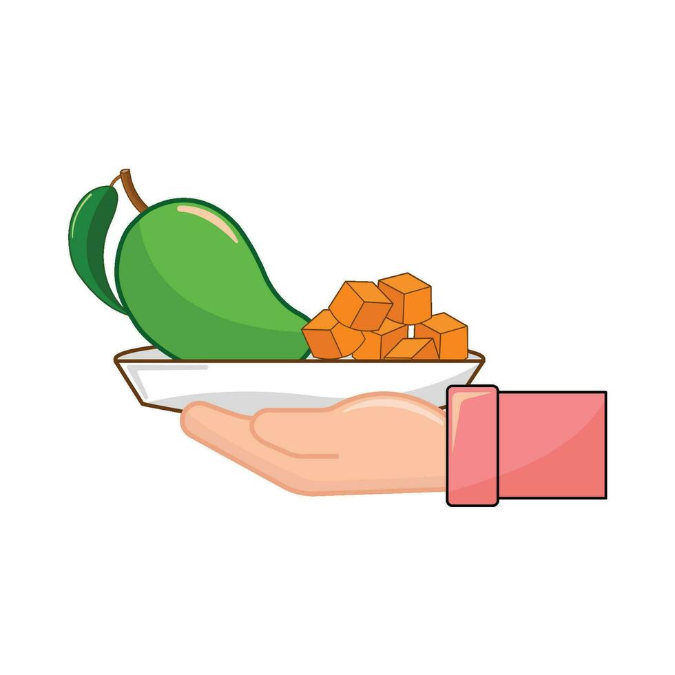 mango in plate with in hand illustration vector