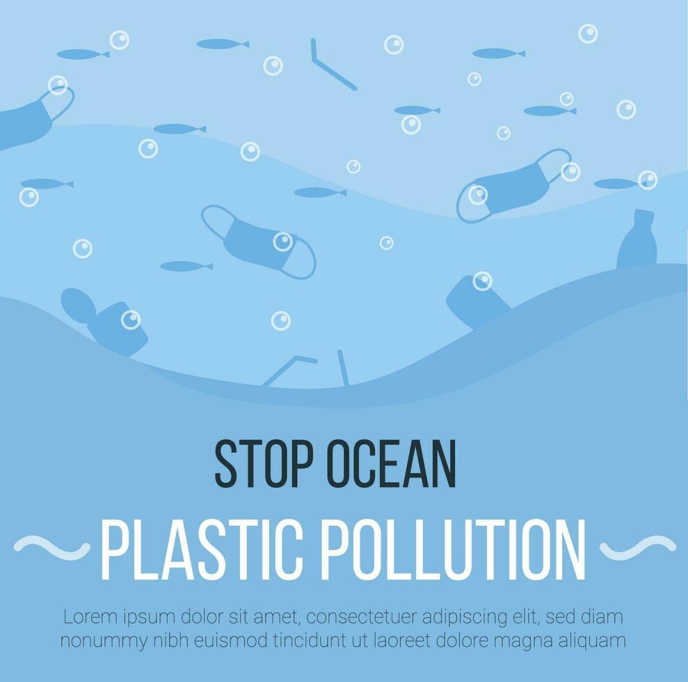 Banner of waste litter in the ocean background. Face masks, latex gloves, medical garbage after COVID-19 pandemic. Web template of coronavirus plastic pollution. Vector flat illustration.