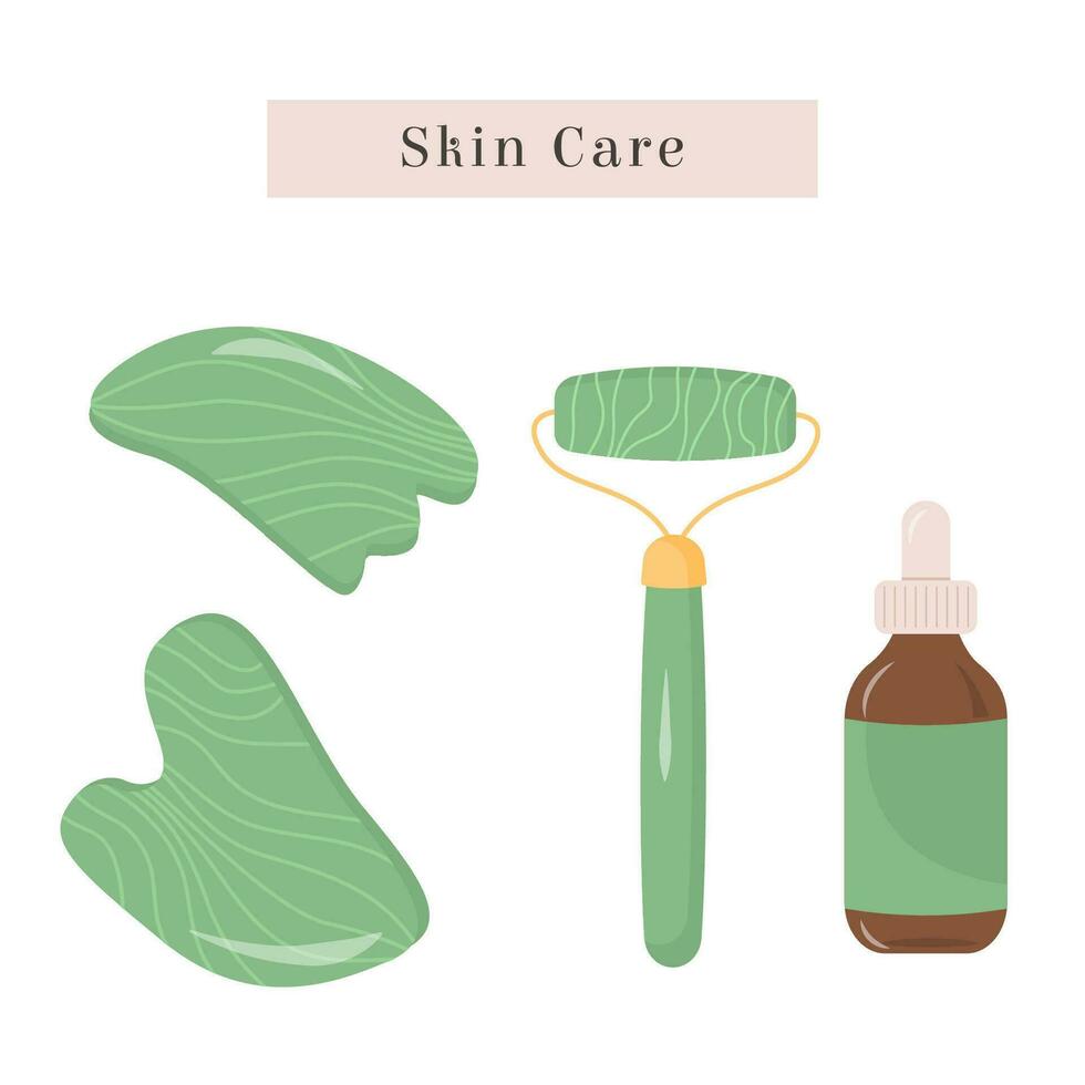 Big set of Gua Sha scraping massage tool. Collection of different shape natural green Jade Gemstone. Chinese traditional facial. Acupuncture for face yoga. Trendy skin care. Vector flat style bundle.