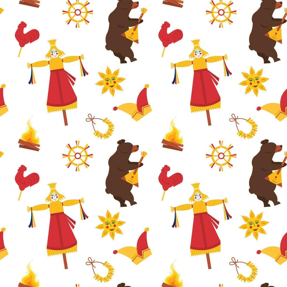 Seamless Pattern for Maslenitsa Pancake Festival. A bear playing on balalaika. Scarecrow with straw head, folk ethnic sun, bublik, sweet cockerel, fire, joker hat. Slavic Holiday Shrovetide. Vector. vector