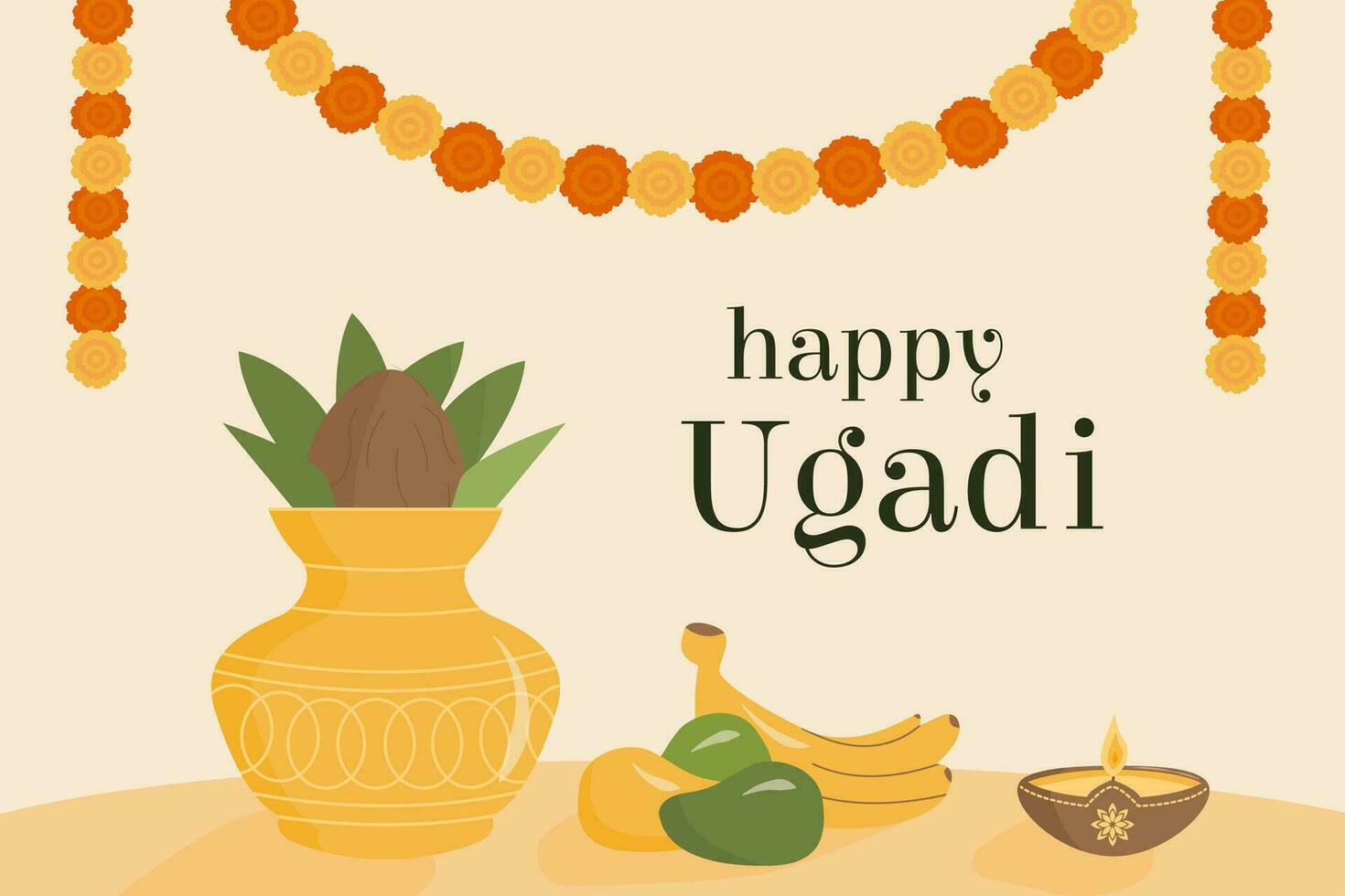 Happy Ugadi Festival Kannada Translation Happy Lunar New Year. South India Holiday. Offering of kalash, coconut and mango leaf on yellow background with marigold flowers. Trendy modern card. Vector. vector