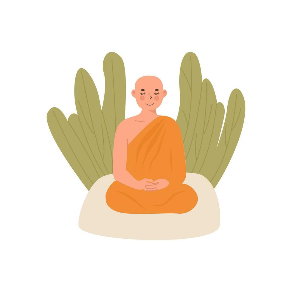 Cute Peaceful Buddhist Theravada Thai Monk in yellow robe meditating in lotus posture with closed eyes. Tropical plants on background. Meditation, yoga. Flat vector character isolated on white.