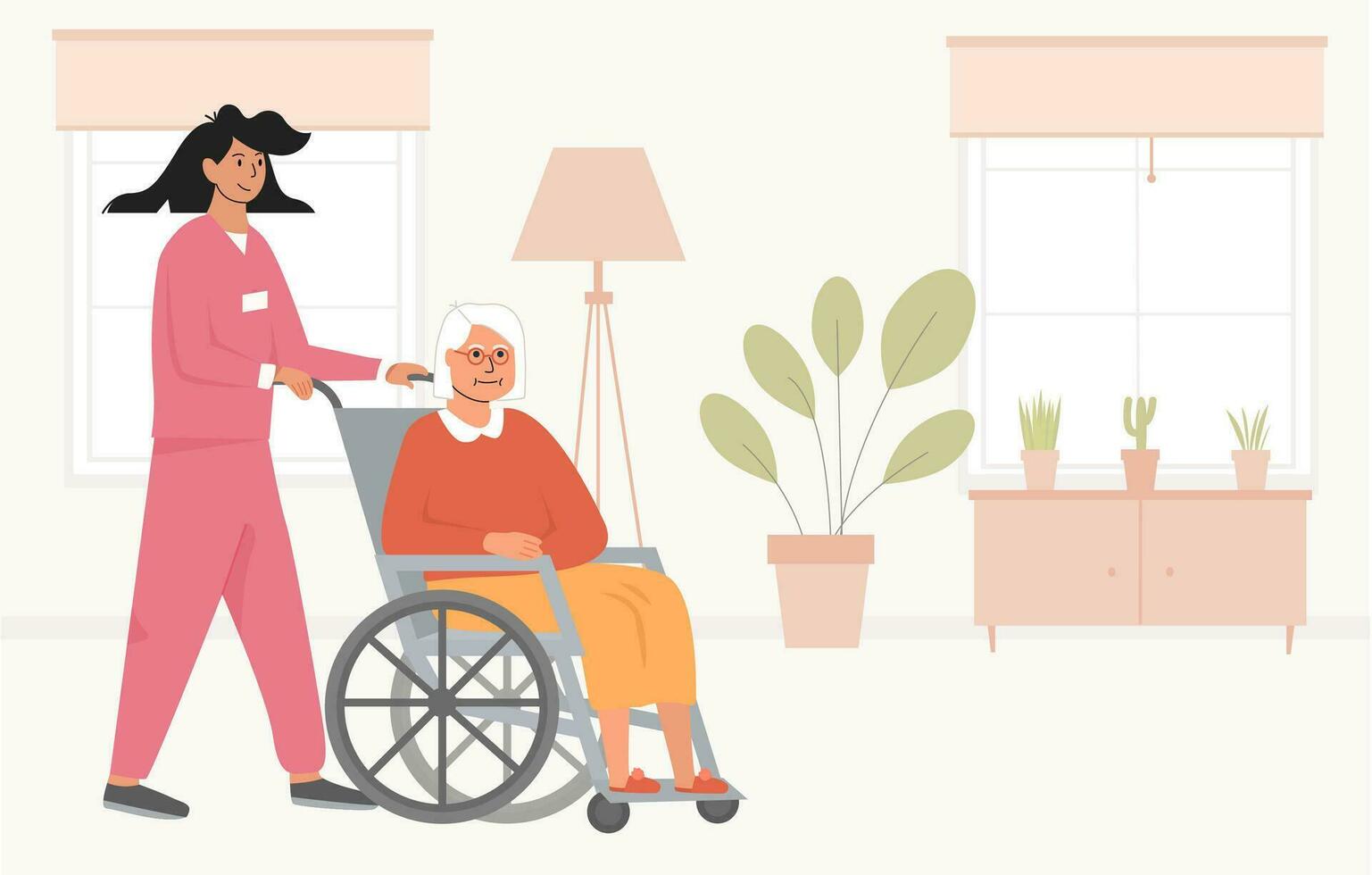 Residential care facility. A nurse with old woman on wheelchair. A bedroom in nursing home or retirement home. Scene of disabled elderly person with social worker at home. Concept of assisted living. vector