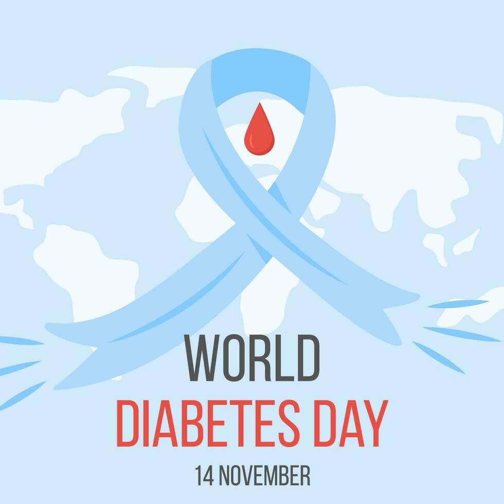World diabetes day awareness poster with a world map on background. Banner design with blue ribbon and blood drop in the middle. Typography design. Vector illustration.