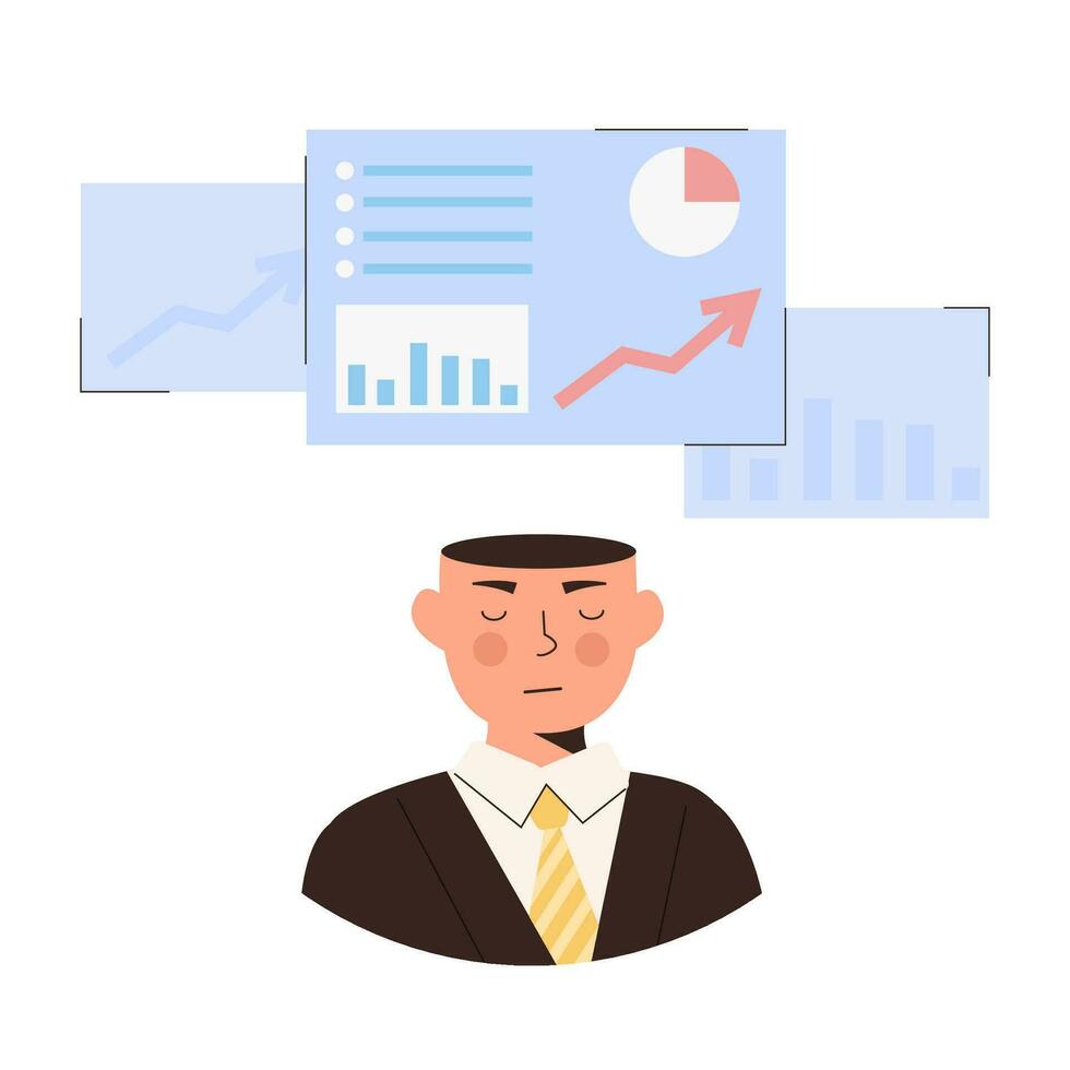 Person with complicated thoughts and feelings. Character thinking, planning and solving problems or puzzle in mind. Psychological concept. Autistic person, different creative mind. Vector illustration