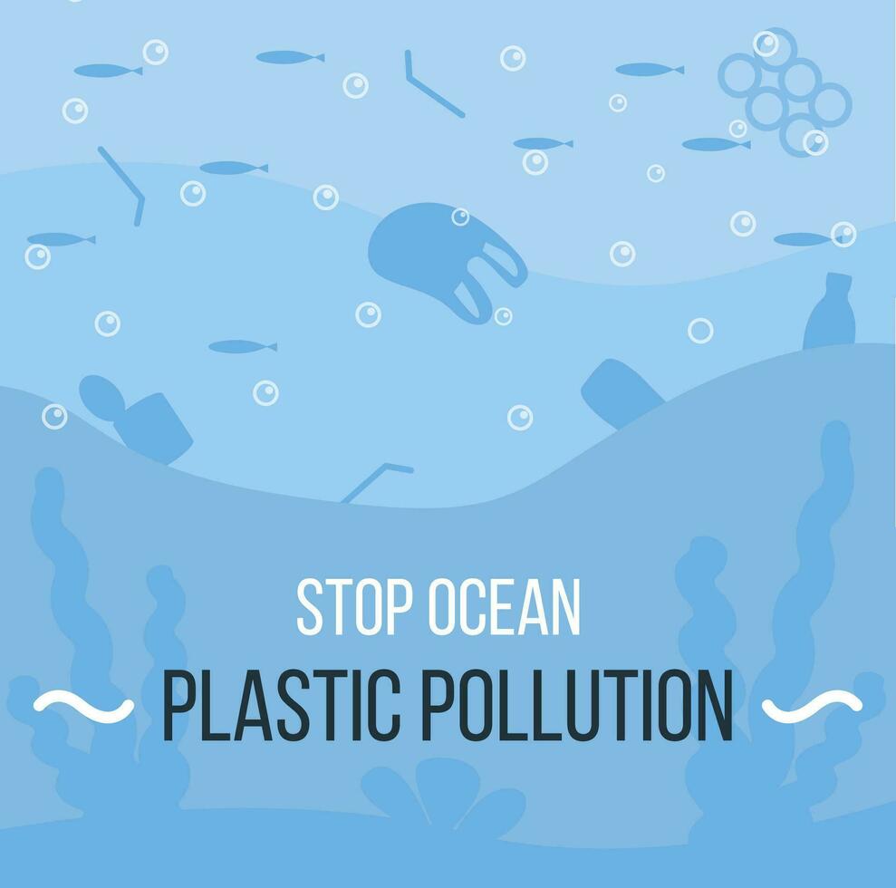 Ocean with aquatic animals and plastic garbage floating in water. Environmental issue or ecology problem of marine pollution, rubbish in sea. Vector illustration in flat cartoon style.