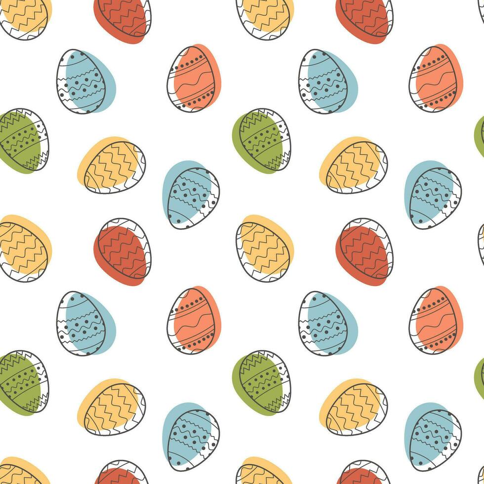 Square greeting card Happy Easter with decorated eggs on white background. Festive banner template with trendy outlined geometric pattern with black line on Easter Eggs. Flat Vector illustration.