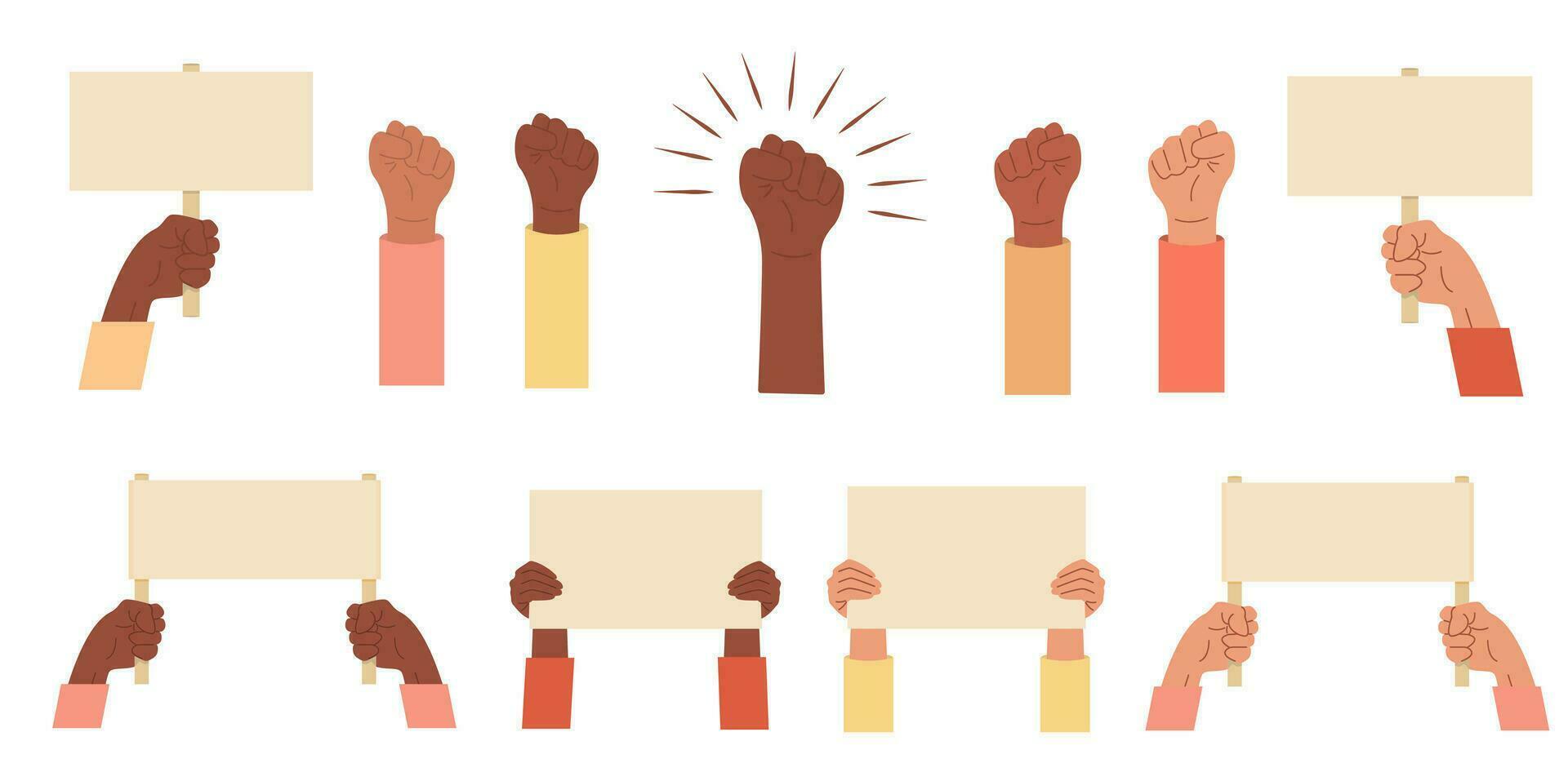 Set of protesters banners. Collection of manifestation sign placard hold in multicultural hand, peace protest poster and blank vote placards. Activist hand fist raised up isolated vector flat icons.