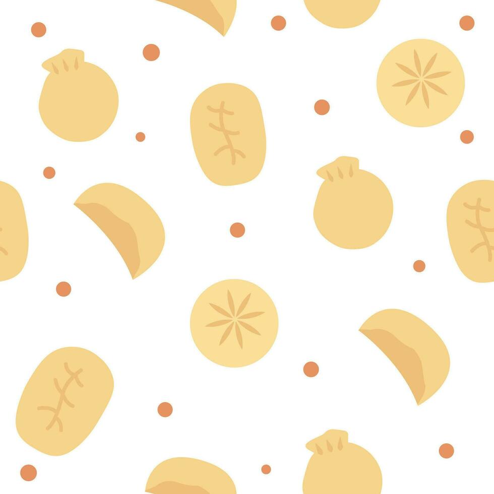 chino empanadillas sin costura modelo. salsa picante, gyoza o momo. asiático cocina antecedentes para embalaje o web. vector plano ilustración.