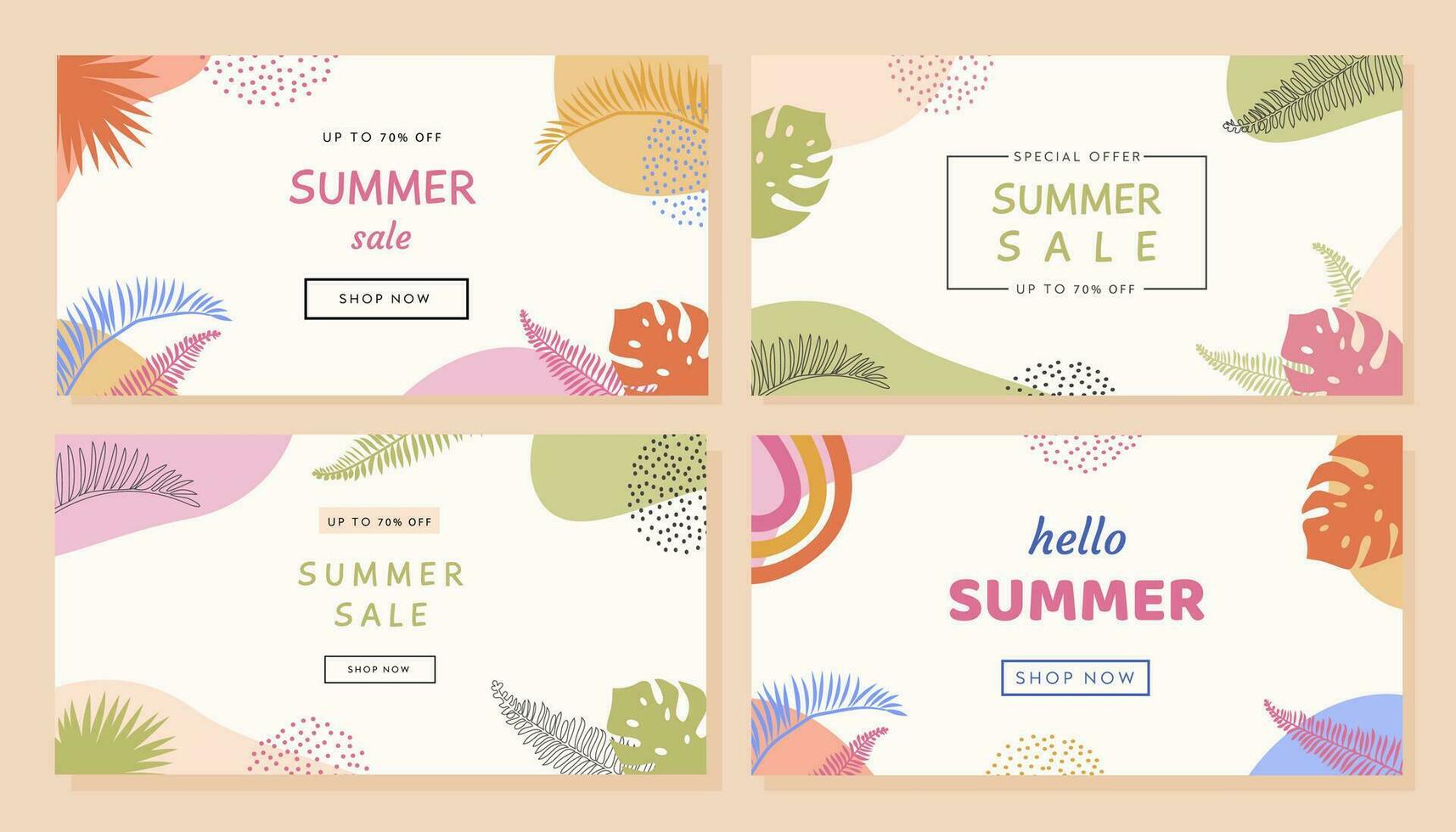 Colorful summer banner with tropical leaves. Trendy abstract horizontal poster template with palm and geometric element pattern. Modern summer sale background design, discount voucher, ad. Vector flat
