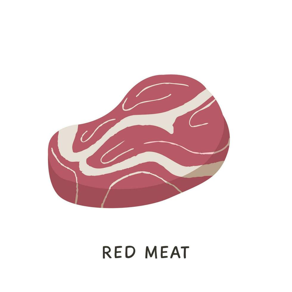 Raw meat product flat vector illustrations. Hand drawn pork slice and beef steak isolated clipart on white background. Butchery shop. Red meat textured element. Rich source of iron foods.