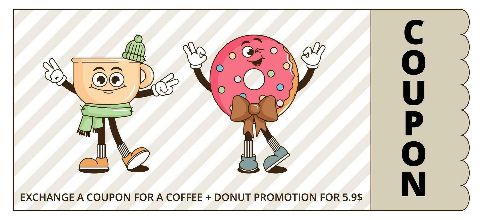 miedoso maravilloso dibujos animados personaje café, donat promoción regalo cupón. Clásico gracioso mascota parche psicodélico sonrisa, emoción. diseño Arte para cafetería, bar, restaurante. cómic de moda vector ilustración 90s