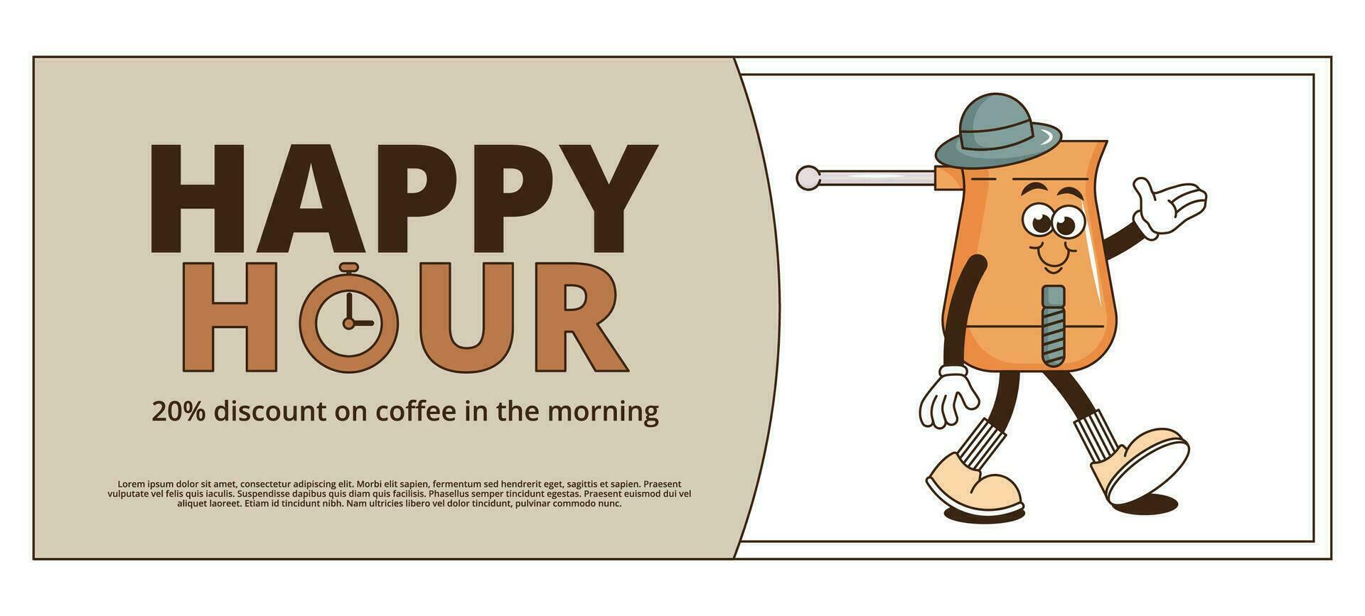 Funky groovy cartoon character Coffee Happy Hour coupon. Vintage funny mascot patch psychedelic smile, emotion. Design art for cafe, bar, restaurant. Comic trendy vector illustration 90s style