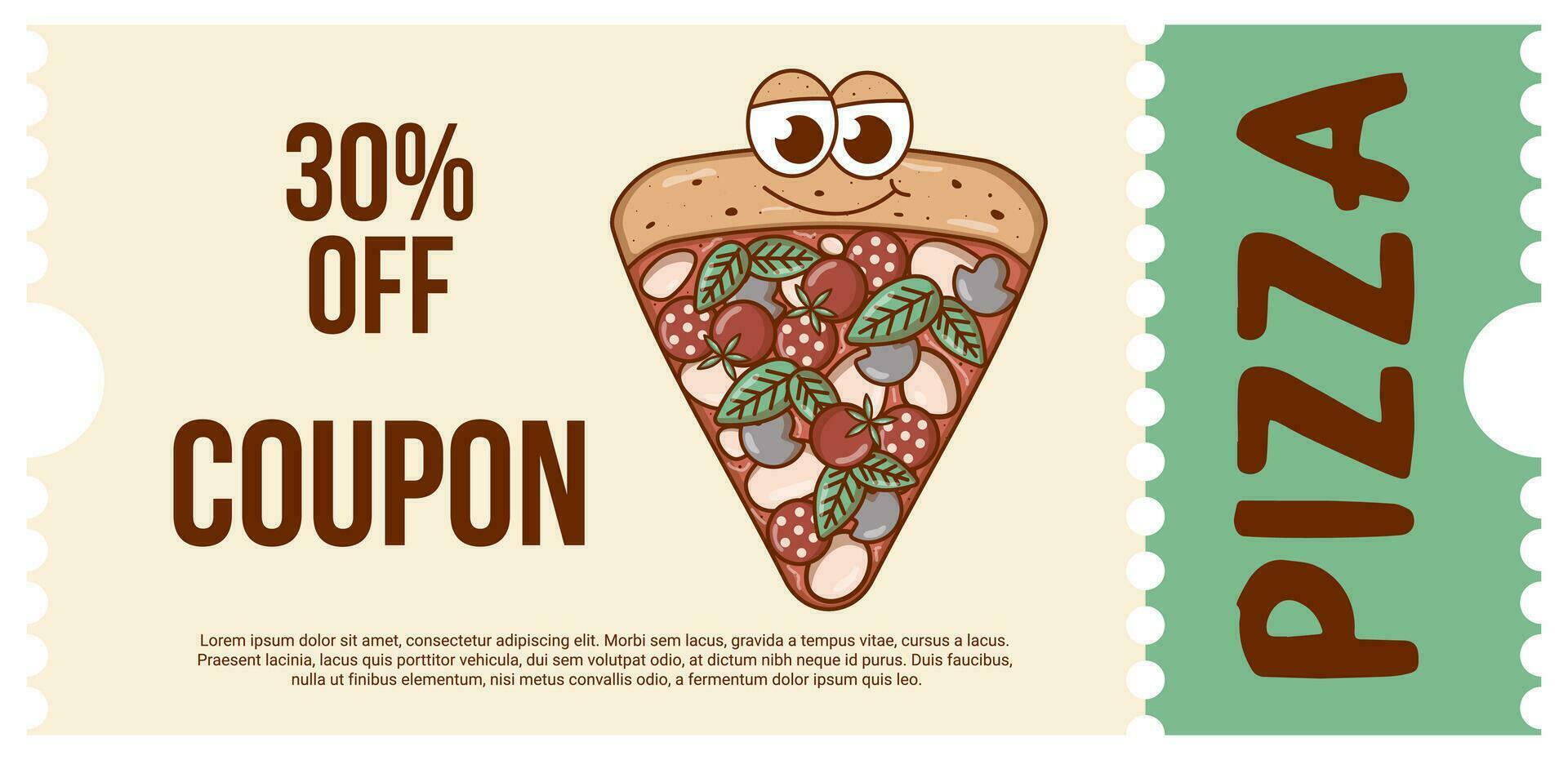 Italian fast food piece character pizza. Coupon promotion, discount banner, gift voucher. Retro colors. Flat style. Vector illustration.