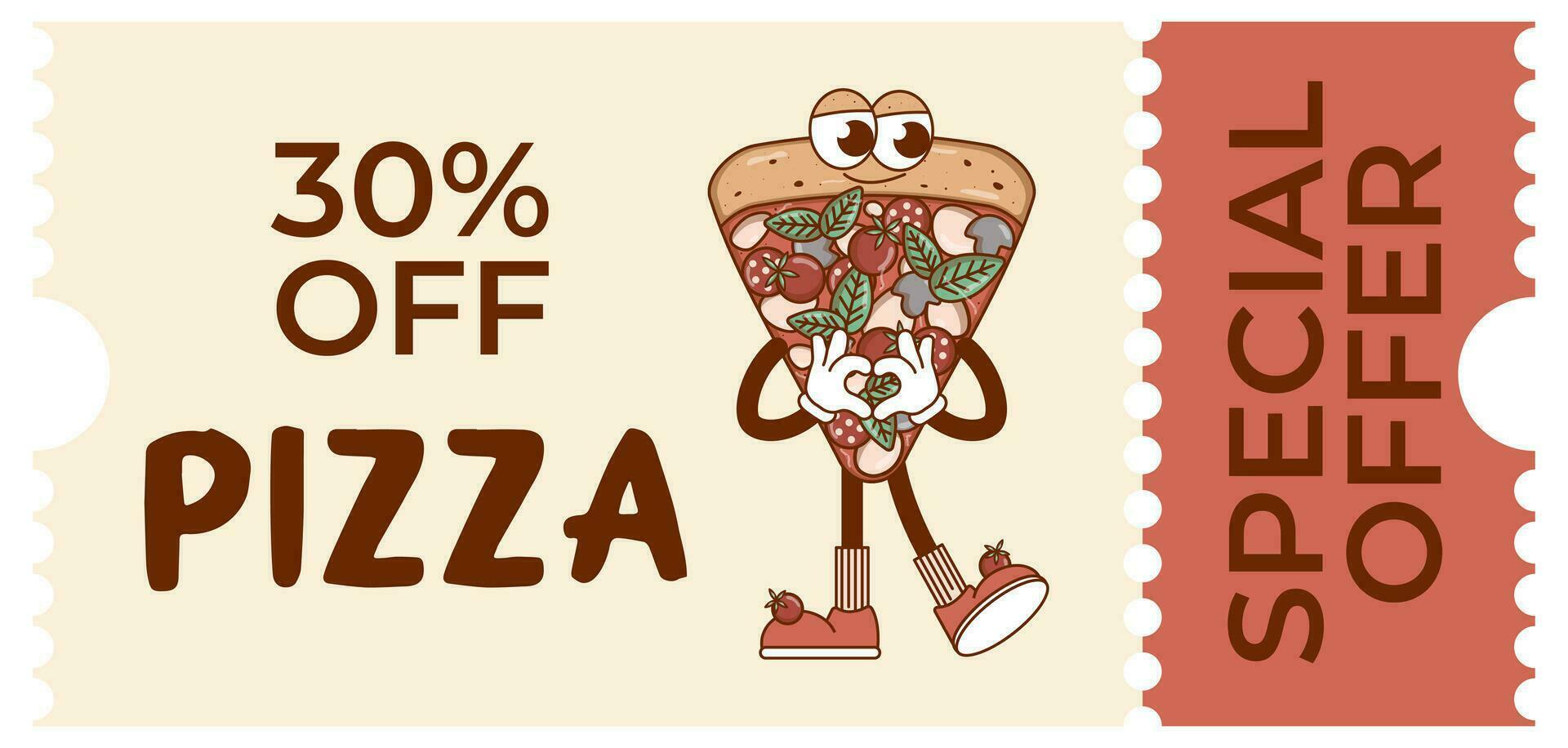 italiano rápido comida pedazo personaje Pizza. cupón promoción, descuento bandera, regalo vale. retro colores. plano estilo. vector ilustración.