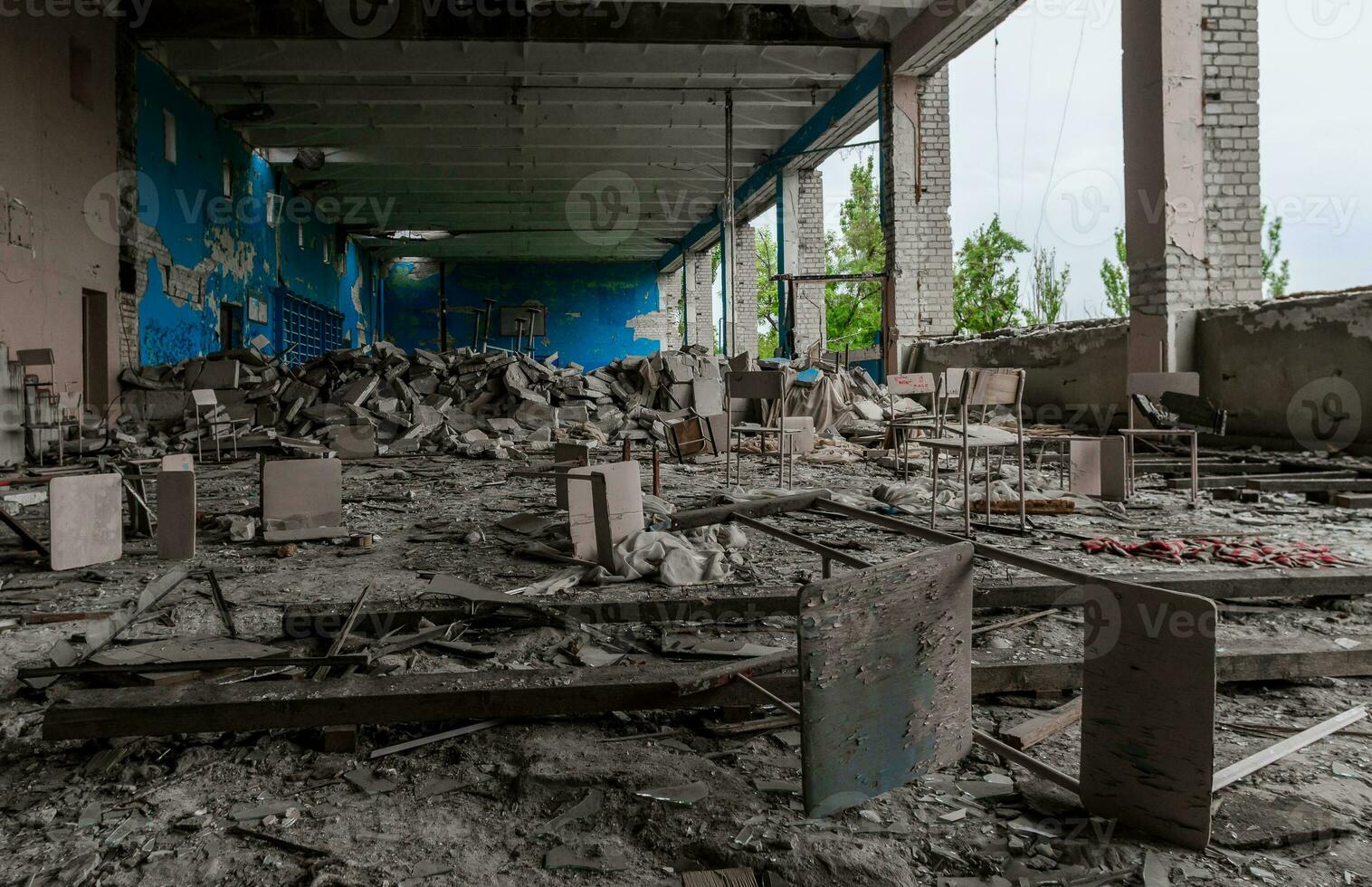 inside a destroyed school in Ukraine photo
